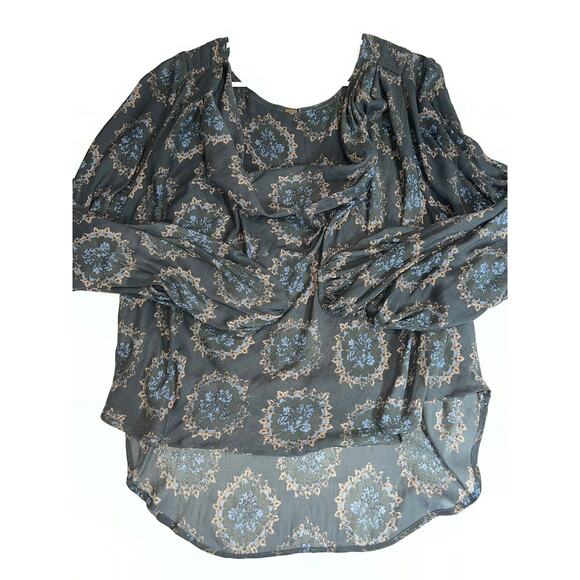 Free People Blouse Size L Dark Gray Peasant Floral Cowl Neck High-Low Hem Shirt - Picture 7 of 16